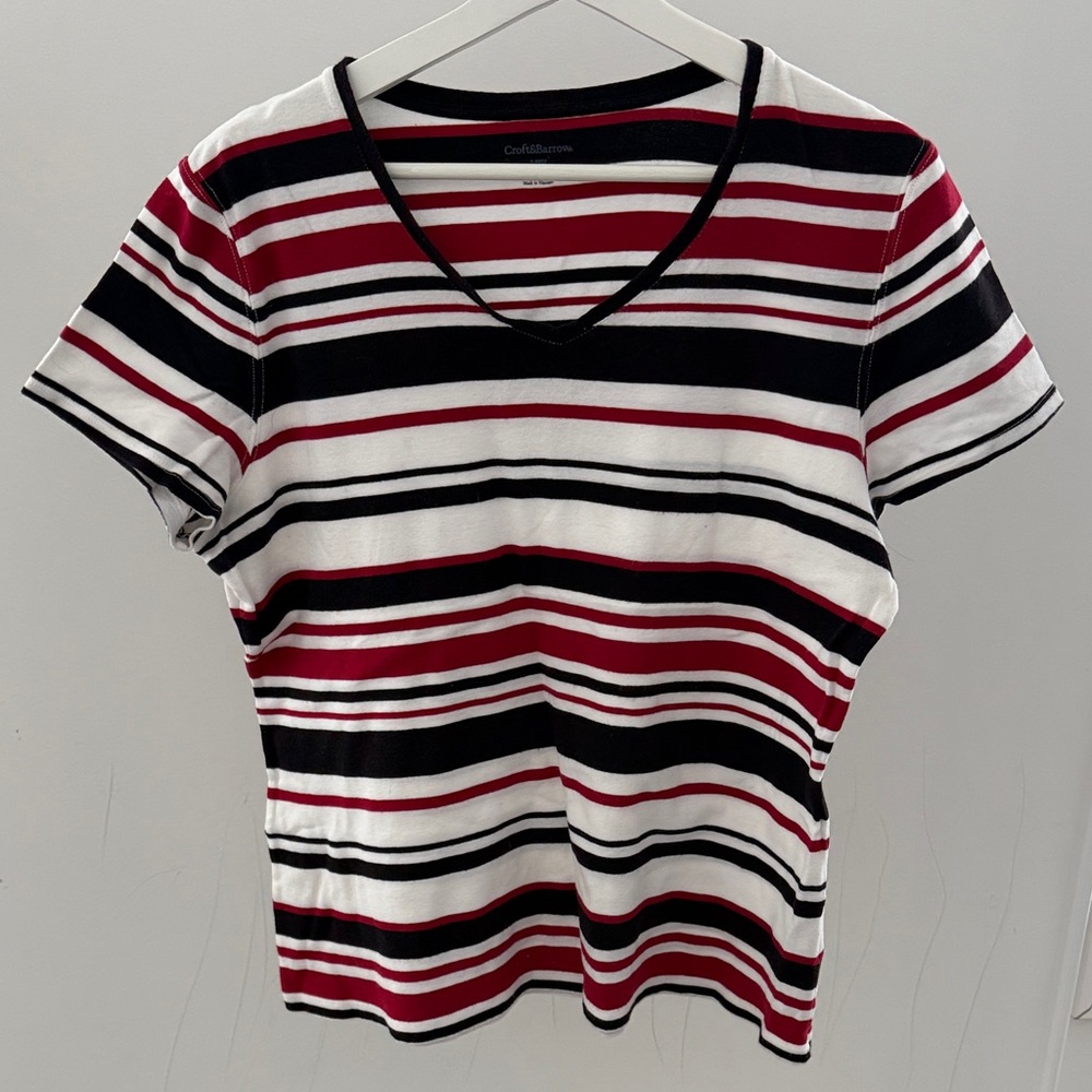 Croft & Barrow Red and Black Striped V-Neck Tee